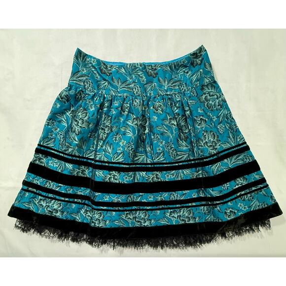 Nanette Lepore Skirt Teal Blue w/ Gold Thread Floral Skirt Size 4 - Picture 1 of 8